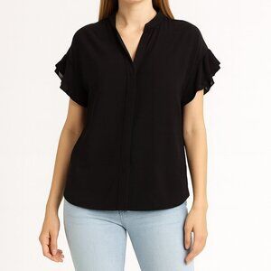 FRAME Silk Blouse Black Flounce Short Sleeve Top Button Up XS